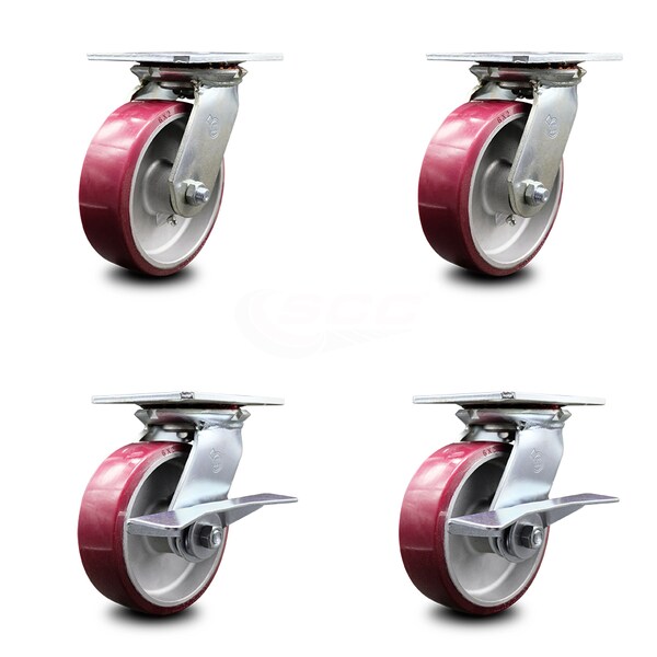 6 Inch Poly on Aluminum Swivel Caster Set with Ball Bearings 2 Brakes SCC